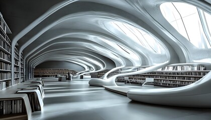 Futuristic Library Interior Design: Modern Architecture and Bookshelves