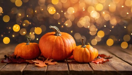 Enchanting Halloween Scene Vibrant Orange Pumpkins Resting on a Rustic Wooden Table Against a Magical Bokeh Glowing Background, Perfect for Capturing the Spirit of the Season