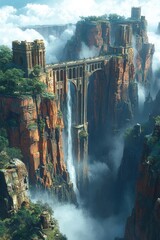 Misty canyon, bridge, waterfalls, ancient structures.
