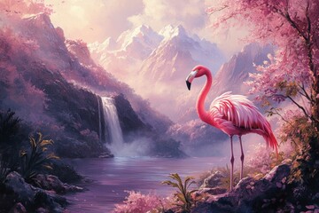 Pink flamingo, waterfall, mountains, tranquil, pink trees.