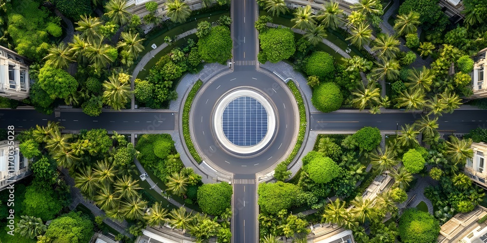 Poster aerial view of a circular road surrounded by greenery, featuring a central circular structure with a