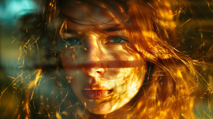 A close-up of the face of a beautiful blue-eyed woman, reflected in golden sunlight