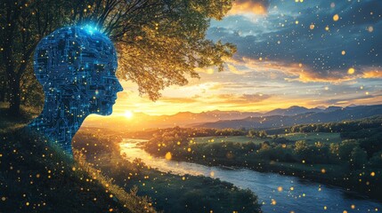 Fototapeta premium A serene futuristic landscape blending nature and AI, with glowing circuits and lush greenery, symbolizing harmony, progress, and sustainable innovation.