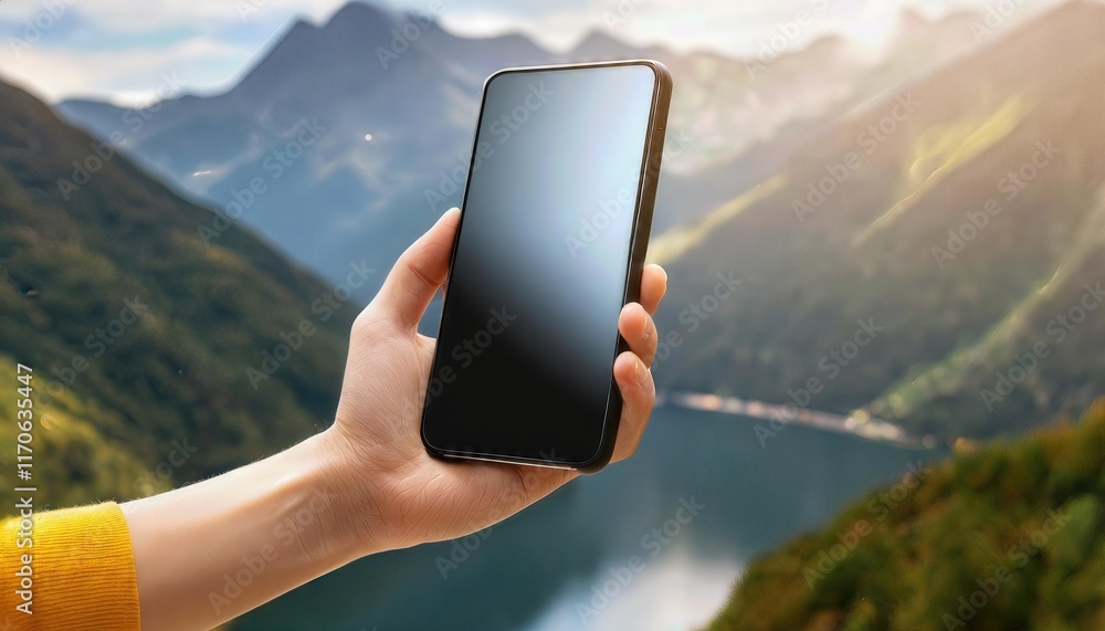 Poster hand holding a smartphone with transparent mobile screen mockup ideal for showcasing app designs, us