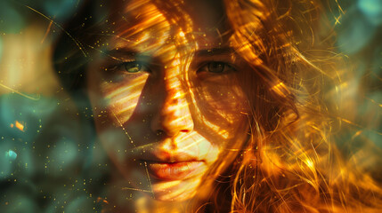 A close-up of the face of a beautiful blue-eyed woman, reflected in golden sunlight