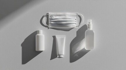 White hygiene products and face mask on gray background