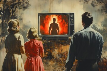 Family watches fiery TV image; ominous scene.