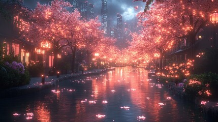 Fototapeta premium Glowing cherry blossoms illuminate canal, futuristic city.