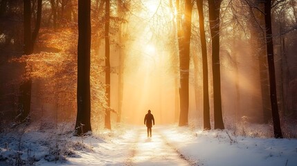 Fototapeta premium Man Walks Snow Covered Path in Magical Winter Forest at Sunrise