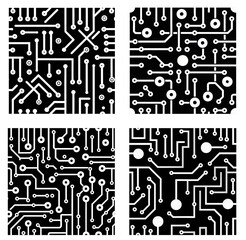 Printed circuit board black and white computer technology seamless pattern. vector illustration