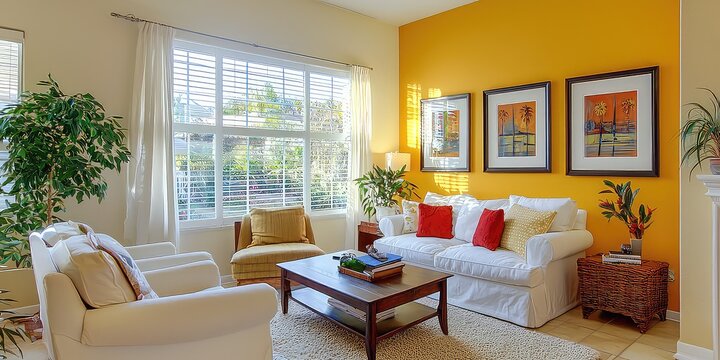 A cheerful yellow accent wall in a living room, complemented by white furniture.