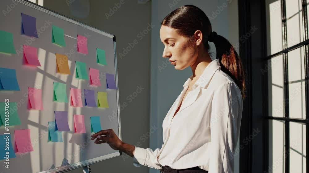 Poster creative brainstorming session with colorful sticky notes in modern office