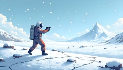 An astronaut in pixel art style walks on a snowy mountain in space, surrounded by stars and a distant planet