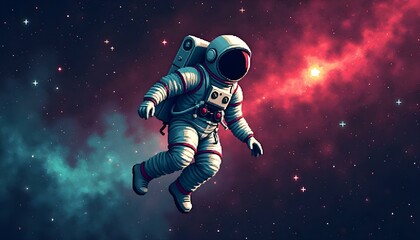 In a pixel art style, an astronaut drifts through the cosmos, with a backdrop of glimmering stars lighting up the scene