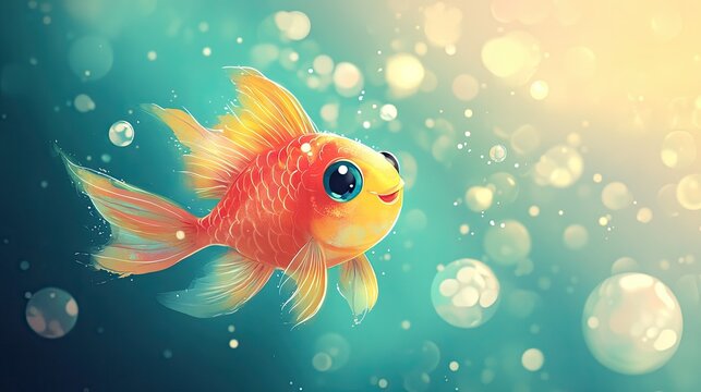 Cute cartoon goldfish swimming in bubbly water.