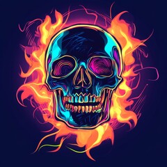 Fototapeta premium Neon skull engulfed in vibrant flames.
