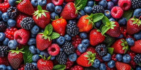 Fototapeta premium Dark berries glow: red raspberries, blueberries, blackberries, and strawberries captured in low light.