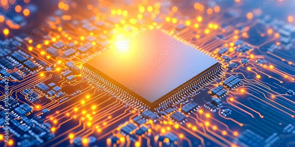 Poster a close-up view of a microchip on a circuit board, highlighting glowing connections and intricate el