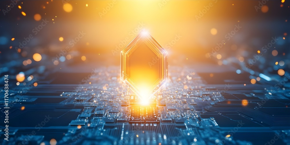Aufkleber a futuristic digital circuit with a glowing hexagonal shape at its center, surrounded by bright part