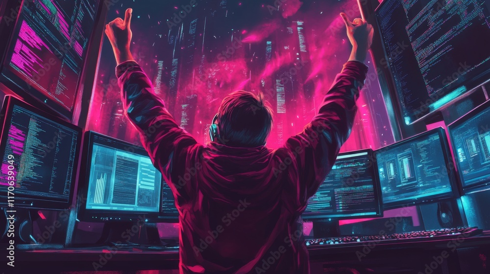 Poster programmer celebrates success, arms raised, surrounded by glowing computer screens displaying code a
