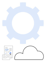 Large blue gear, black cloud outline, and document with data graphs and chart. Ideal for cloud computing, data processing, technology integration, network solutions, automation, analytics business
