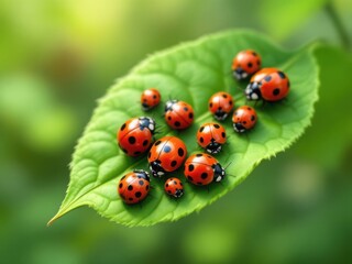 Fototapeta premium Vibrant Ladybugs on a Green Leaf