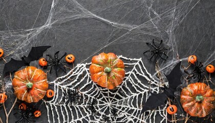 Spooktacular Happy Halloween Flat Lay Mockup Featuring Spiders, Decorations, and Spider Web on a Mysterious Black Background Perfect for Your Festive Designs and Seasonal Promotions