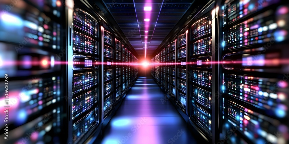 Poster a futuristic data center with rows of server racks illuminated by colorful lights along a long corri