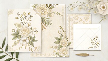 Floral stationery collection featuring cream and green designs for invitations and correspondence
