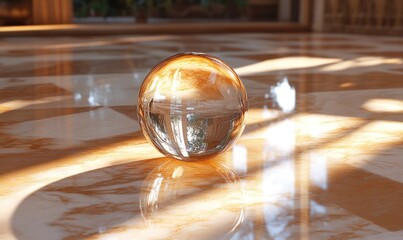 Glass orb reflects light, marble floor.