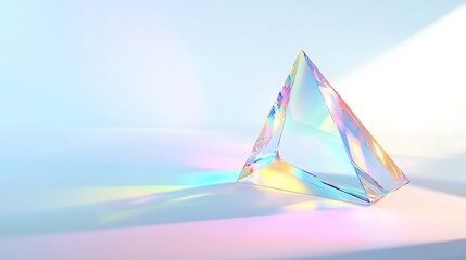 A colorful, triangular crystal is on a white background