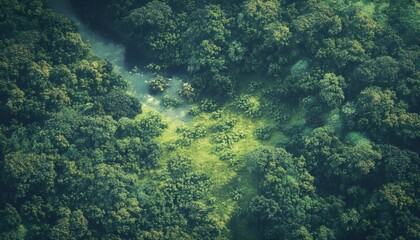 Obraz premium Aerial View of Lush Green Forest with Winding River