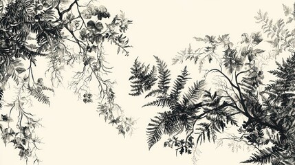 Monochrome Botanical Illustration Featuring Ferns and Flowers