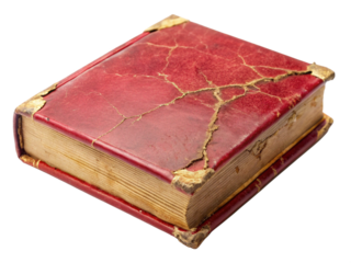 Old, worn red book with cracked cover and gold accents on white background