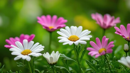 White and Pink Daisies Bloom in Lush Green Garden
