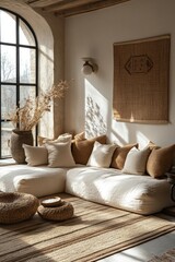 Sunlit bohemian living room, neutral tones, comfy seating.