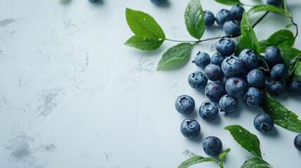 A bunch of blueberries with leaves on a white surface