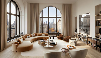 Luxurious modern apartment living room with curved sofa, city view, and high arched windows.  Elegant interior design showcasing contemporary furniture.