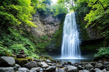 Scenic image of a cascading waterfall amidst a lush green forest, viewed with rocky foreground. Natural, serene, tranquil landscape concept. Ai generative