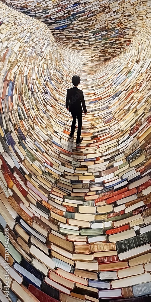 Poster surreal image of a person walking through a tunnel of books in a library