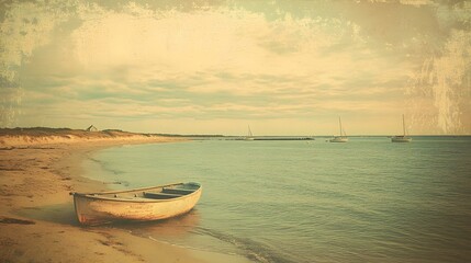 Fototapeta premium Tranquil Seascape with Rowboat on Sandy Shore