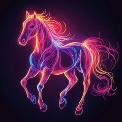 Vibrant neon horse illustration, flowing mane and tail, dark background.