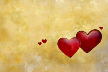 Two vibrant red hearts on a golden textured background symbolize love and affection in a warm and inviting setting
