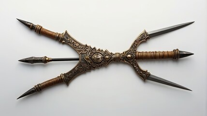 Obraz premium A sword with three long, pointed blades is displayed on a white background