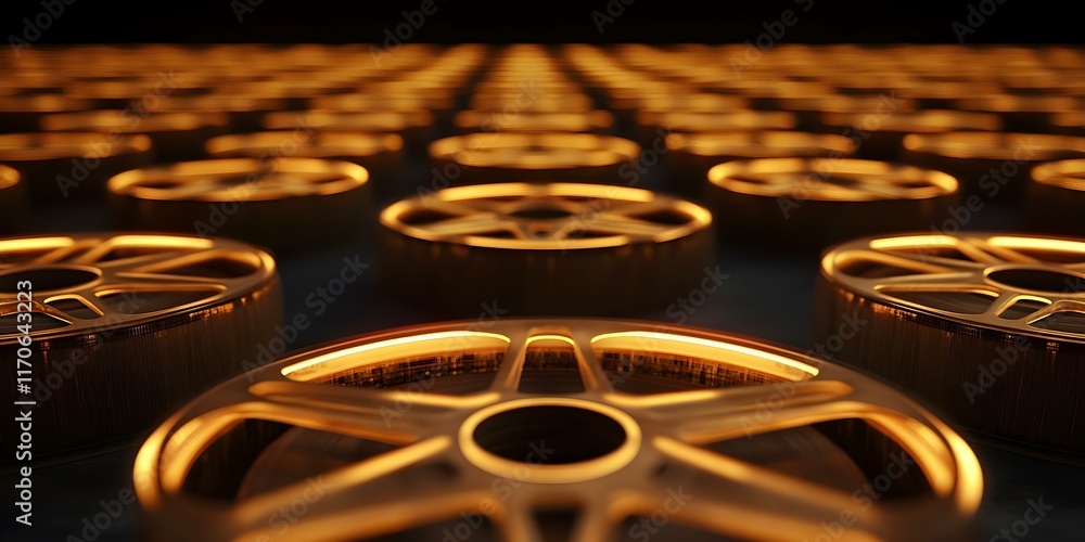 Aufkleber a close-up view of numerous glowing film reels arranged in a grid pattern, creating a visually strik