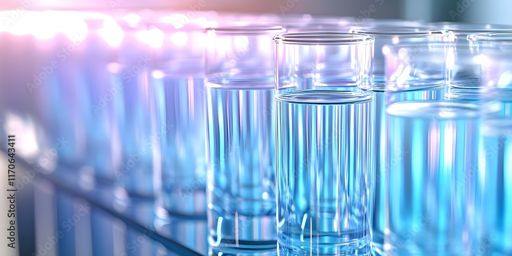 Poster a row of clear glasses filled with water, reflecting light and creating a bright, visually appealing