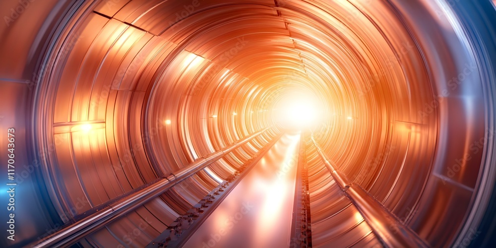 Poster a long, illuminated tunnel with metallic walls, converging towards a bright light at the end. concep