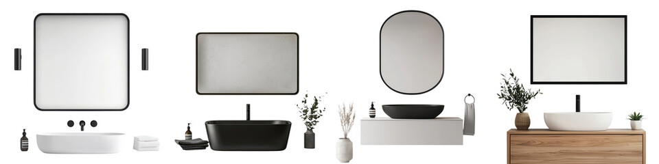 Elegant and modern bathroom vanity with large mirror vessel sink faucet and minimalist decor items such as vase towel and potted plant