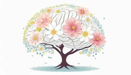 Human Brain Tree with Flowers A Beautiful Representation of SelfCare, Mental Health, and Positive Thinking for Nurturing the Mind and Embracing Wellness Through Nature