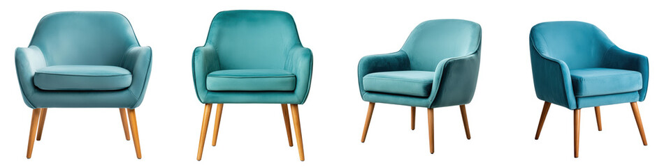Fototapeta premium Plush teal velvet armchairs with sleek wood legs provide a cozy and inviting seating option for elegant and contemporary living rooms offices or studio spaces
